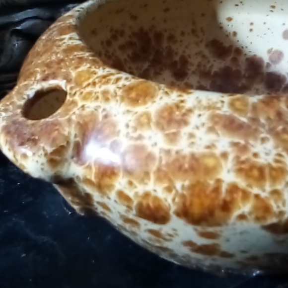 Antique ceramic pottery glazed bowl with hole on each side. - Picture 2 of 5